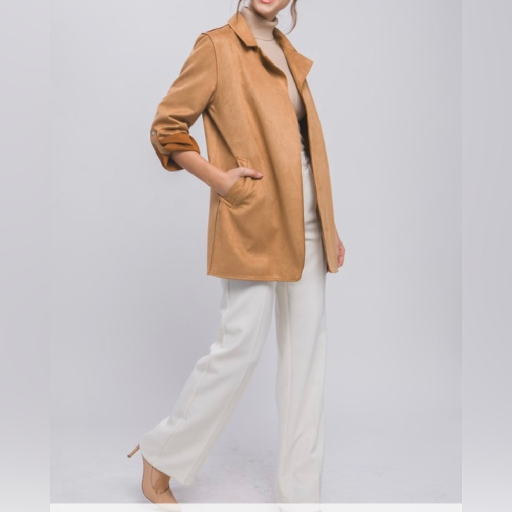 Faux Suede Coat Jacket Lapel Snap Closure Sleeve Detail Pockets Open Front Camel